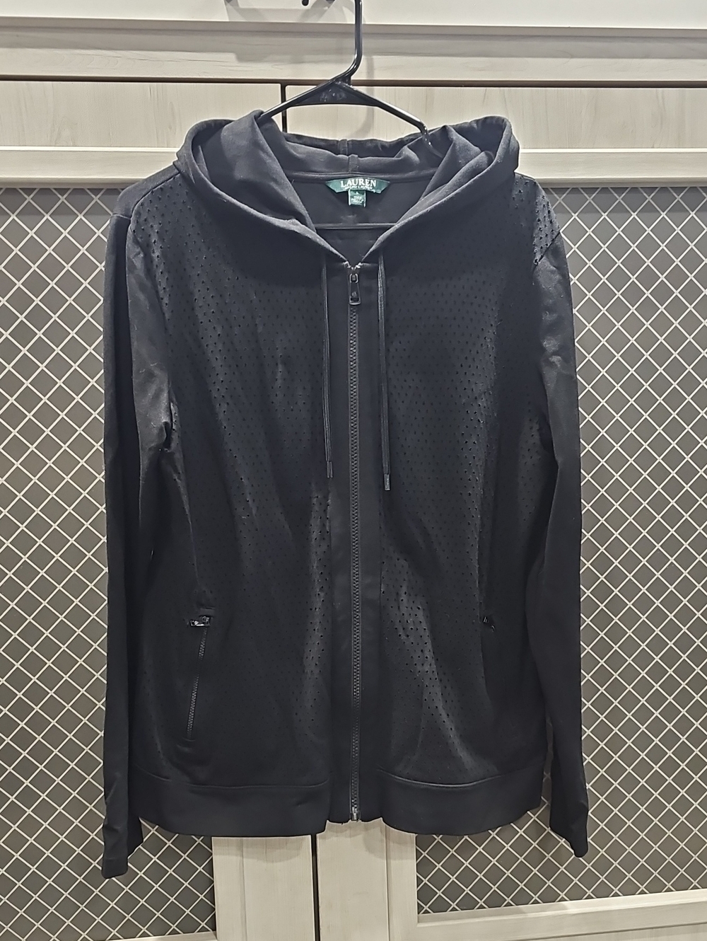 Lauren Ralph Lauren Black Perforated Zip-Up Hoodie L